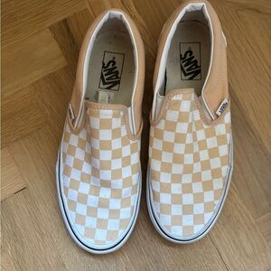 Vans Tan and White Checkerboard Slip-On Sneakers